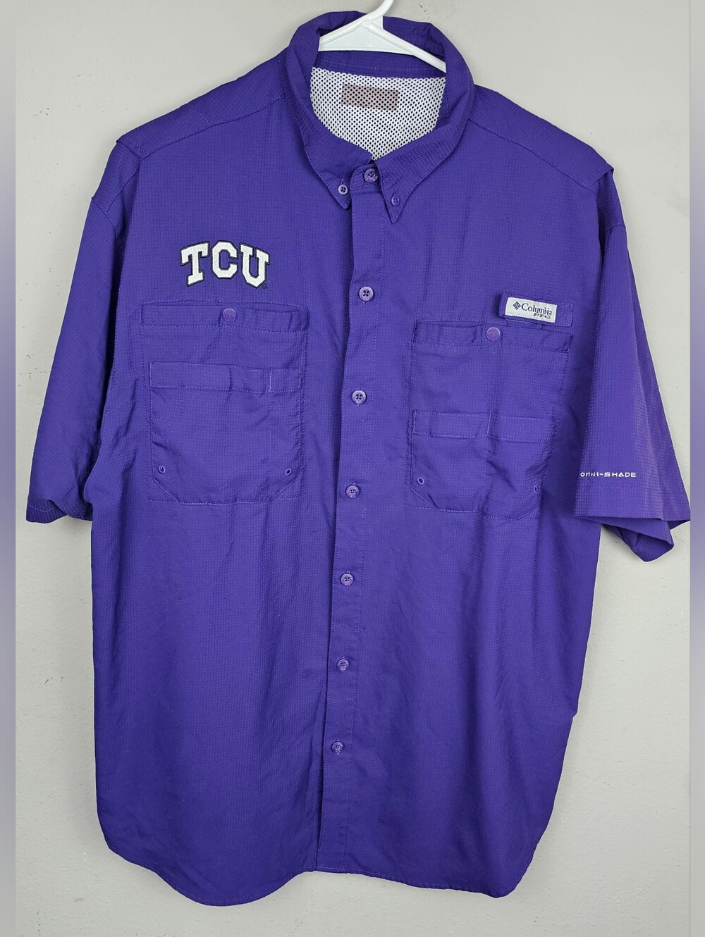 Columbia PFG TCU Horned Frogs Fishing Shirt Mens MEDIUM Short Sleeve Omni-Shade